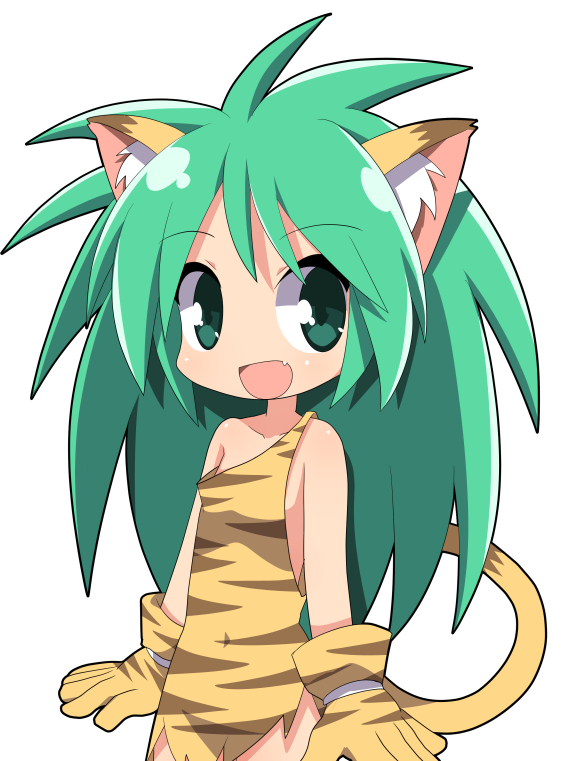 1girl :d animal_ears animal_print bangs bare_shoulders blush cham_cham collarbone commentary_request covered_navel eyebrows_visible_through_hair fang gloves green_eyes green_hair hair_between_eyes long_hair open_mouth osaragi_mitama paw_gloves paws samurai_spirits simple_background smile solo tail tiger_ears tiger_girl tiger_print tiger_tail very_long_hair white_background