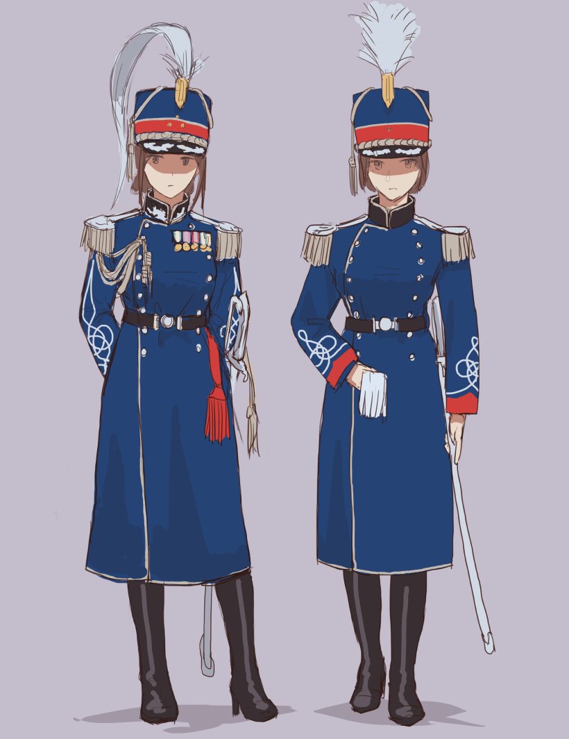 2girls belt black_footwear blue_coat boots brown_hair commentary_request contrapposto epaulettes genso grey_background hat long_sleeves looking_at_viewer medal military military_uniform multiple_girls original peaked_cap scabbard shako_cap sheath simple_background standing sword uniform weapon