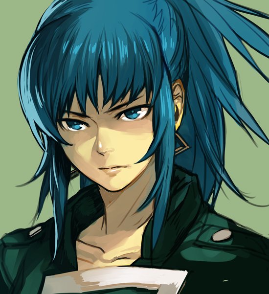 1girl bangs blue_eyes blue_hair closed_mouth commentary_request earrings green_background green_jacket hankuri jacket jewelry leona_heidern looking_at_viewer ponytail simple_background solo the_king_of_fighters upper_body