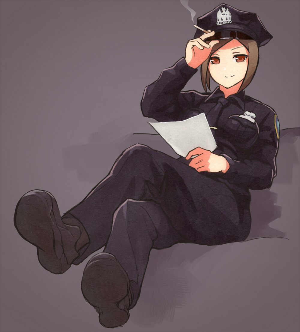 1girl black_footwear blue_hat blue_jacket blue_pants boots brown_hair cigarette closed_mouth genso grey_background hand_on_headwear hand_up hat holding holding_cigarette jacket long_sleeves looking_at_viewer no_nose original pants police police_uniform red_eyes sitting smile smoke solo uniform