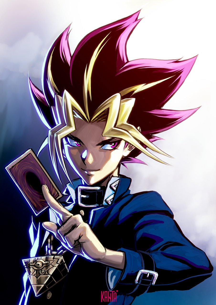 1boy black_hair blonde_hair card highres kanta-kun male_focus millennium_puzzle multicolored_hair mutou_yuugi solo spiky_hair yu-gi-oh! yuu-gi-ou_duel_monsters