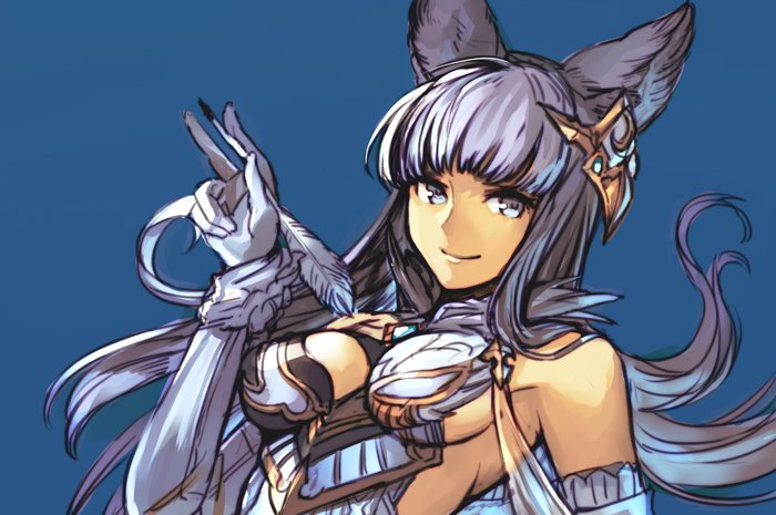 1girl animal_ears bangs blue_background blue_eyes blunt_bangs closed_mouth commentary_request elbow_gloves gloves granblue_fantasy hand_up hankuri headgear holding korwa long_hair looking_at_viewer quill simple_background smile solo upper_body