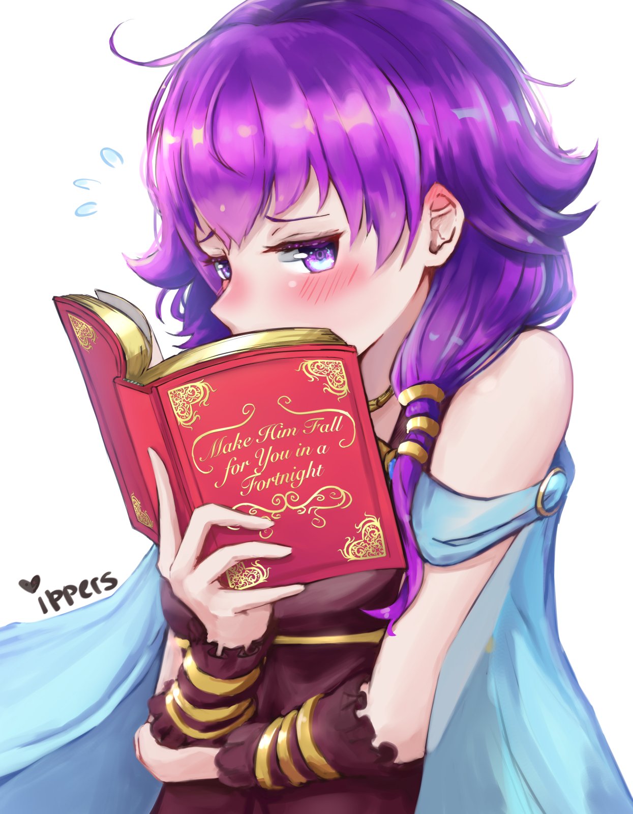 1girl bare_shoulders blush book cape dress embarrassed fire_emblem fire_emblem:_seima_no_kouseki gloves highres holding holding_book ippers lute_(fire_emblem) open_book purple_hair reading short_hair solo twintails violet_eyes wrist_cuffs