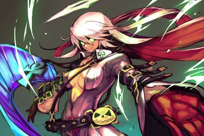 1girl arm_belt belt breasts closed_mouth collared_shirt commentary_request dress electricity foreshortening gloves green_eyes guilty_gear hair_between_eyes hankuri large_breasts long_hair long_sleeves open_clothes open_dress ramlethal_valentine red_gloves shirt smile solo upper_body white_hair wing_collar