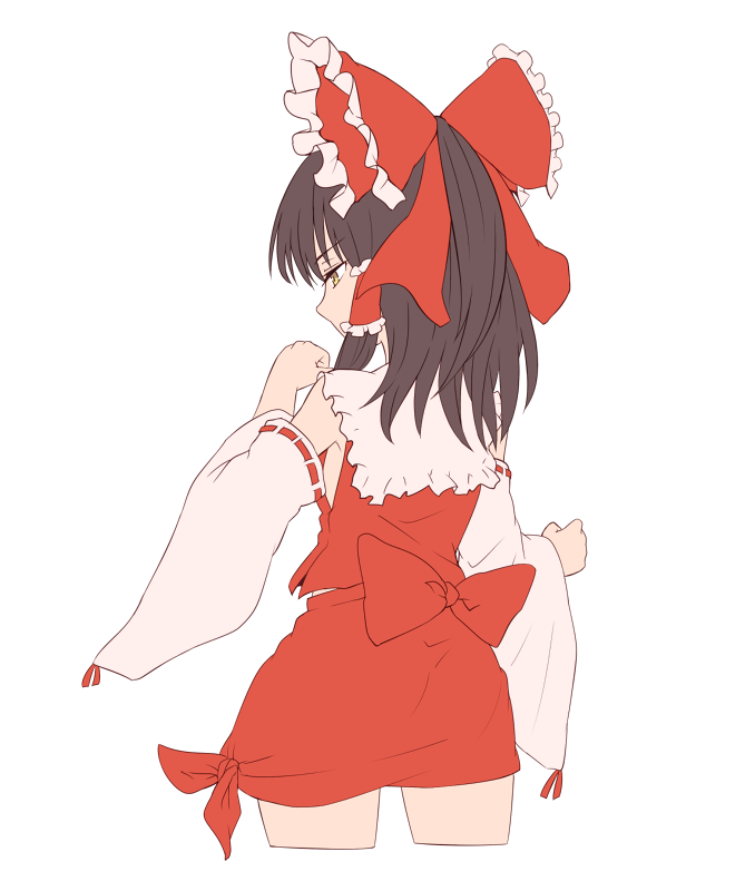1girl bow brown_eyes brown_hair cowboy_shot cropped_legs detached_sleeves eyebrows_visible_through_hair from_behind hair_bow hair_tubes hakurei_reimu long_sleeves miyo_(ranthath) red_bow ribbon-trimmed_sleeves ribbon_trim sidelocks simple_background skirt skirt_set solo touhou white_background wide_sleeves