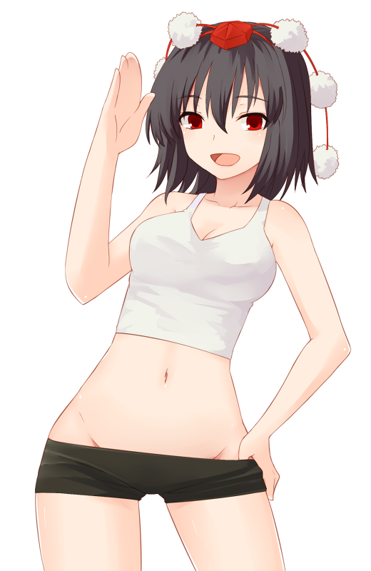 1girl :d arm_up bangs bare_arms bike_shorts bike_shorts_pull black_hair breasts cleavage cowboy_shot crop_top eyebrows_visible_through_hair hair_between_eyes hat looking_at_viewer medium_breasts miyo_(ranthath) navel open_mouth pom_pom_(clothes) pulled_by_self red_eyes red_hat shameimaru_aya simple_background smile solo tokin_hat touhou white_background