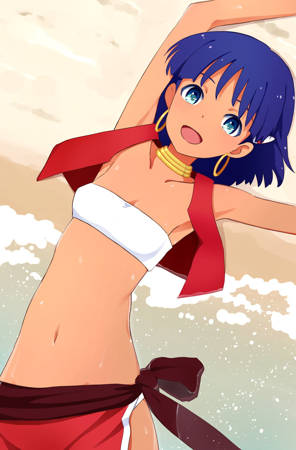 1girl armpits arms_up blue_eyes blue_hair crop_top dark_skin earrings fushigi_no_umi_no_nadia hair_ornament highres hoop_earrings jewelry nadia strapless tagme tubetop water yahiro_(epicopeiidae)