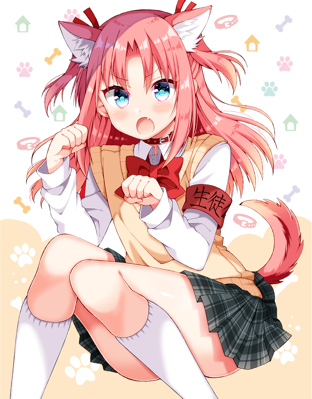 1boy :o animal_ears arikawa_hime armband bangs blue_eyes blush bow bowtie brown_sweater buckle buttons collared_shirt commentary_request crossdressinging dog_ears dog_tail eyebrows_visible_through_hair fang grey_skirt hair_between_eyes hair_ribbon hands_up highres himegoto kemonomimi_mode kneehighs long_hair long_sleeves looking_at_viewer male_focus miniskirt open_mouth paw_pose paw_print pink_background pink_hair plaid plaid_skirt pleated_skirt red_bow red_collar red_neckwear red_ribbon ribbon school_uniform shiny shiny_hair shirt sidelocks skirt solo sweater sweater_vest tail thighs trap tsukudani_norio two_side_up v-neck v-shaped_eyes white_background white_legwear white_shirt wing_collar