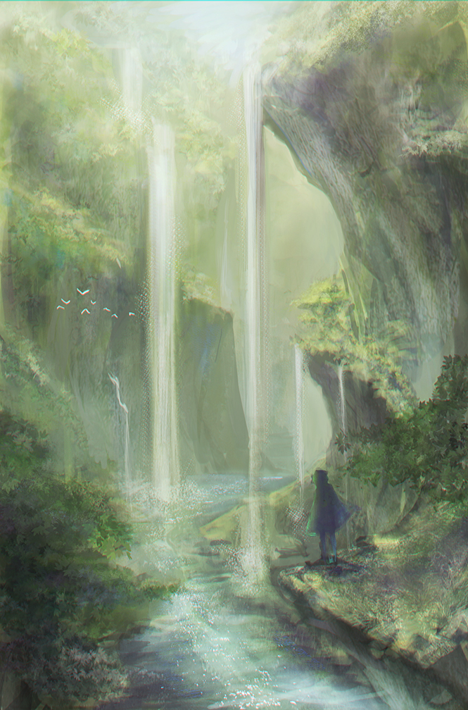 ambiguous_gender artist_request bird cliff day fantasy forest nature original river scenery solo tree vegetation water waterfall