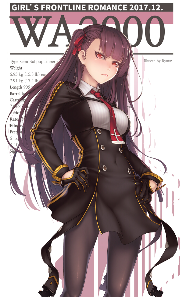 1girl artist_name bangs black_legwear blunt_bangs blush braid breasts buttons character_name closed_mouth collared_shirt covered_navel double-breasted french_braid girls_frontline gloves hair_between_eyes hair_over_shoulder hair_ribbon half_updo hands_on_hips information_sheet jacket large_breasts legs_crossed long_hair looking_at_viewer necktie one_side_up pantyhose purple_hair red_eyes red_neckwear ribbon ryu_un shirt sidelocks simple_background sitting skirt solo standing strap thighband_pantyhose thighs tsundere tsurime underbust very_long_hair wa2000_(girls_frontline) watson_cross white_background white_shirt