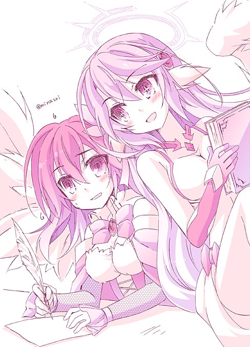 2girls angel_wings bare_shoulders blush book breasts cleavage commentary_request crop_top cross dress embarrassed feathered_wings flower gloves hair_flower hair_ornament halo happy jibril_(no_game_no_life) large_breasts long_hair low_wings magic_circle midriff minazoi_kuina multiple_girls no_game_no_life open_mouth paper quill short_hair sideboob sitting smile stephanie_dora symbol-shaped_pupils twitter_username very_long_hair wing_ears wings writing