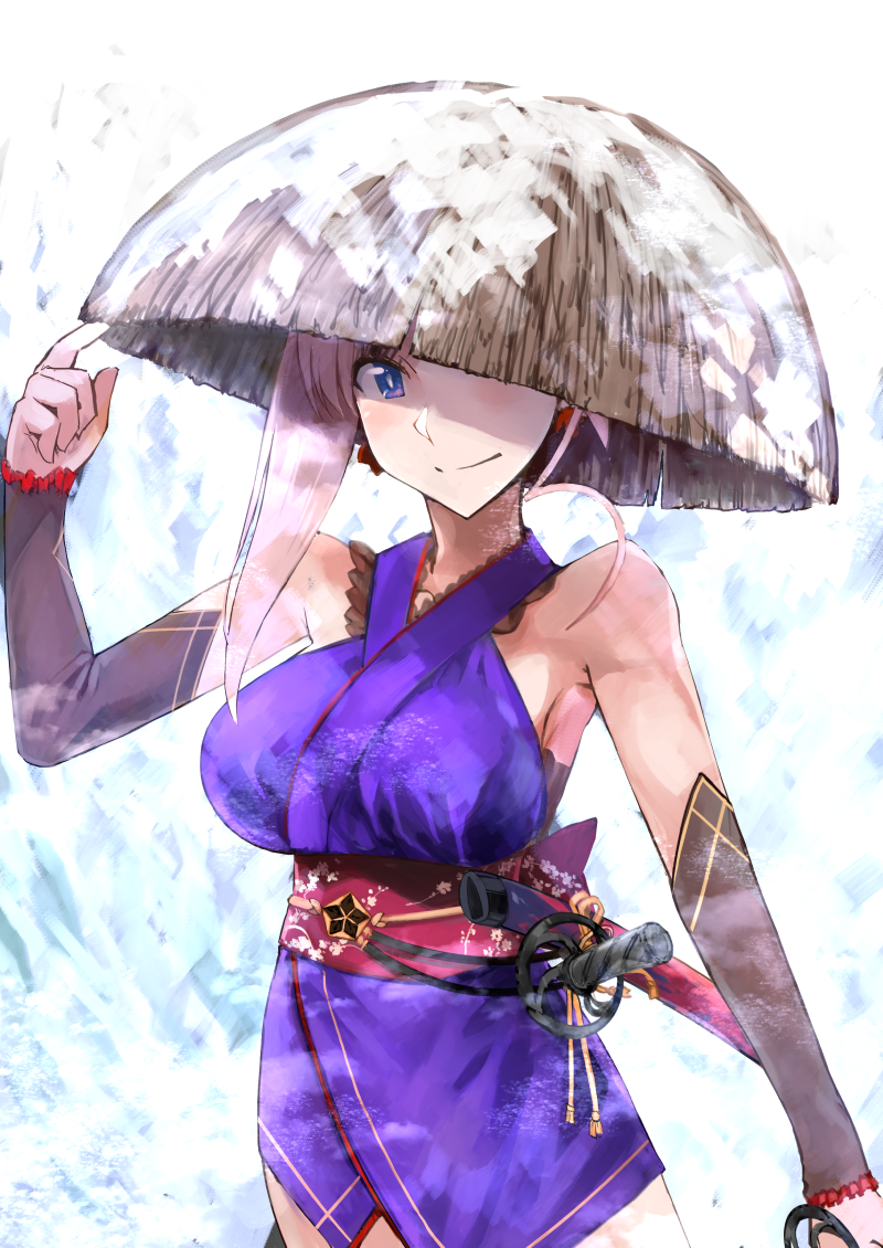 1girl arm_up bare_shoulders blue_eyes blush breasts bright_pupils closed_eyes cosaten cowboy_shot detached_sleeves earrings fate/grand_order fate_(series) hand_on_headwear holding holding_sword holding_weapon japanese_clothes jewelry kimono long_hair long_sleeves looking_at_viewer medium_breasts miyamoto_musashi_(fate/grand_order) obi pink_hair purple_kimono sash shaded_face short_kimono smile snow snowing solo standing sword tareme underbust unsheathed weapon winter