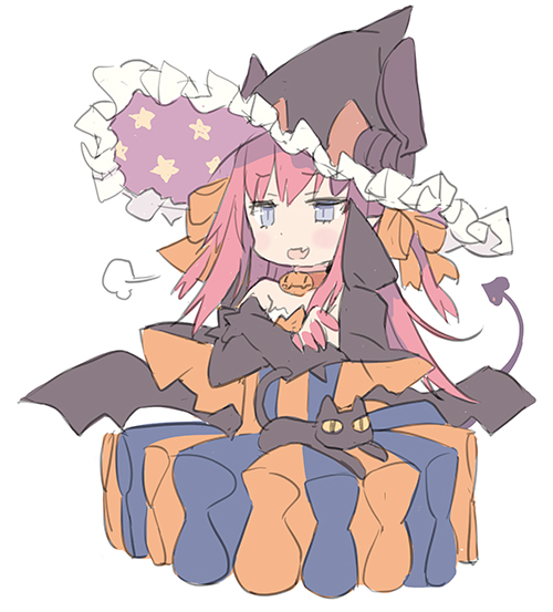 1girl :d animal bangs bare_shoulders black_cat black_hat black_wings blade_(galaxist) blue_eyes blush bow cat crossed_arms curled_horns demon_tail detached_sleeves dragon_horns dress elizabeth_bathory_(fate) elizabeth_bathory_(fate)_(all) eyebrows_visible_through_hair fang fate/extra fate/extra_ccc fate_(series) frilled_hat frills hair_between_eyes hair_bow hat horns horns_through_headwear jack-o'-lantern long_hair long_sleeves looking_at_viewer low_wings multicolored multicolored_clothes multicolored_dress open_mouth orange_bow pink_hair print_hat simple_background smile solo star star_print striped tail upper_body vertical-striped_dress vertical_stripes very_long_hair white_background wings witch_hat