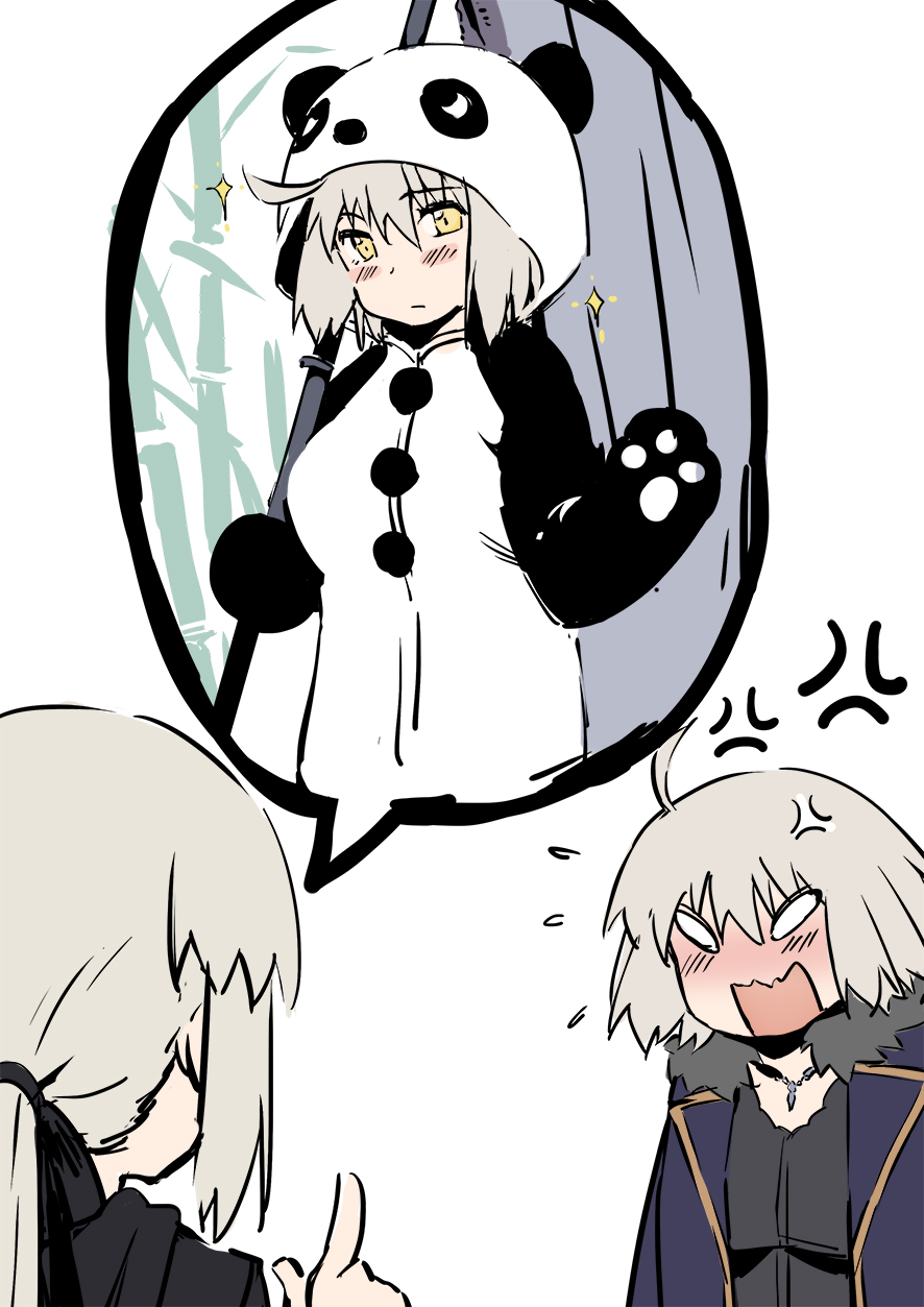 2girls ahoge anger_vein animal_costume artoria_pendragon_(all) bamboo banner black_shirt blank_eyes blush closed_mouth coat commentary embarrassed english_commentary fate/grand_order fate_(series) flying_sweatdrops full-face_blush fur_trim highres holding index_finger_raised jeanne_d'arc_(alter)_(fate) jeanne_d'arc_(fate)_(all) jewelry looking_at_another looking_at_viewer multiple_girls nanaya_(daaijianglin) necklace open_mouth panda_costume paws ponytail saber_alter shirt short_hair simple_background sparkle white_background yellow_eyes