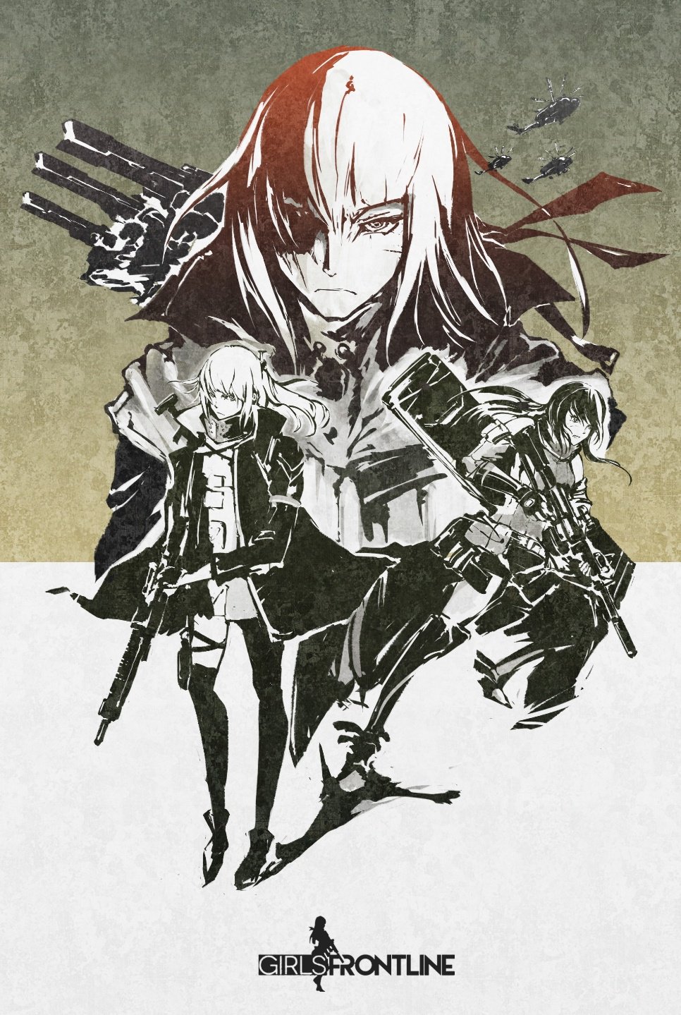 3girls aircraft armband armor assault_rifle bangs boots braid breasts closed_mouth clothes_around_waist coat digi-mind_update_(girls_frontline) dress expressionless eyepatch floating_hair gauntlets girls_frontline gloves ground_vehicle gun hair_between_eyes hair_ornament headphones helicopter highres holding holding_gun holding_weapon holster jacket jacket_around_waist long_hair looking_afar looking_at_viewer m16a1_(girls_frontline) m4_carbine m4a1_(girls_frontline) military military_vehicle mole mole_under_eye motor_vehicle multicolored_hair multiple_girls necktie open_mouth ribbed_sweater rifle running scar scar_across_eye scarf serious sidelocks spoilers st_ar-15_(girls_frontline) strap streaked_hair sweater sweater_vest tank thigh-highs thigh_holster thigh_strap vcntkm weapon weapon_case wind wind_lift