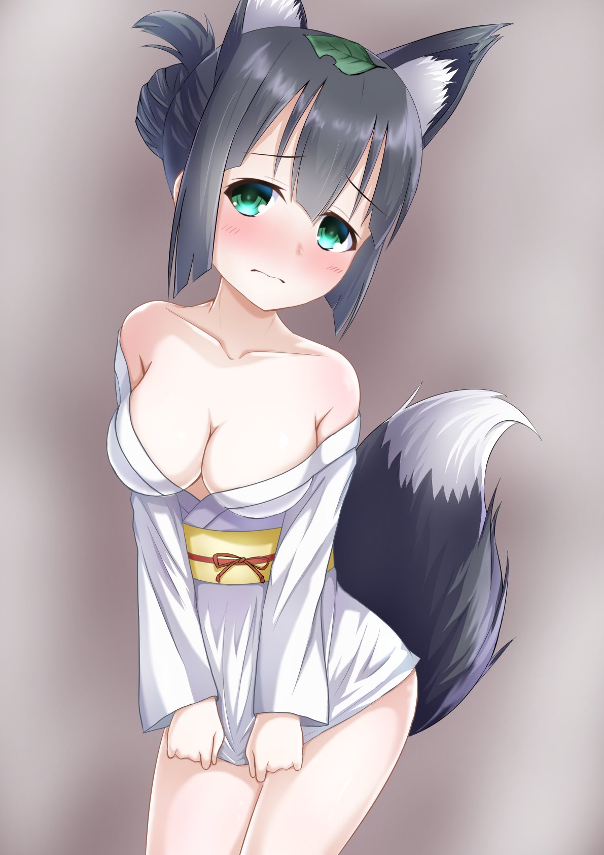 1girl 3: animal_ears black_hair blush breasts cleavage closed_mouth collarbone covering covering_crotch cowboy_shot embarrassed eyebrows_visible_through_hair folded_ponytail fox_ears fox_tail furrowed_eyebrows green_eyes gungun_(hakutou7887) hair_between_eyes head_tilt highres japanese_clothes kimono kimono_skirt large_breasts leaf leaf_on_head looking_at_viewer nose_blush obi off_shoulder sash short_hair solo tail tougou_mimori white_kimono yuuki_yuuna_wa_yuusha_de_aru yuusha_de_aru