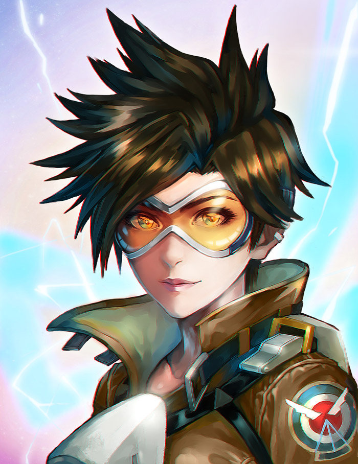 1girl bai_wang brown_hair brown_jacket closed_mouth commentary electricity english_commentary goggles green_eyes jacket looking_at_viewer overwatch pink_lips short_hair smile solo tracer_(overwatch) upper_body