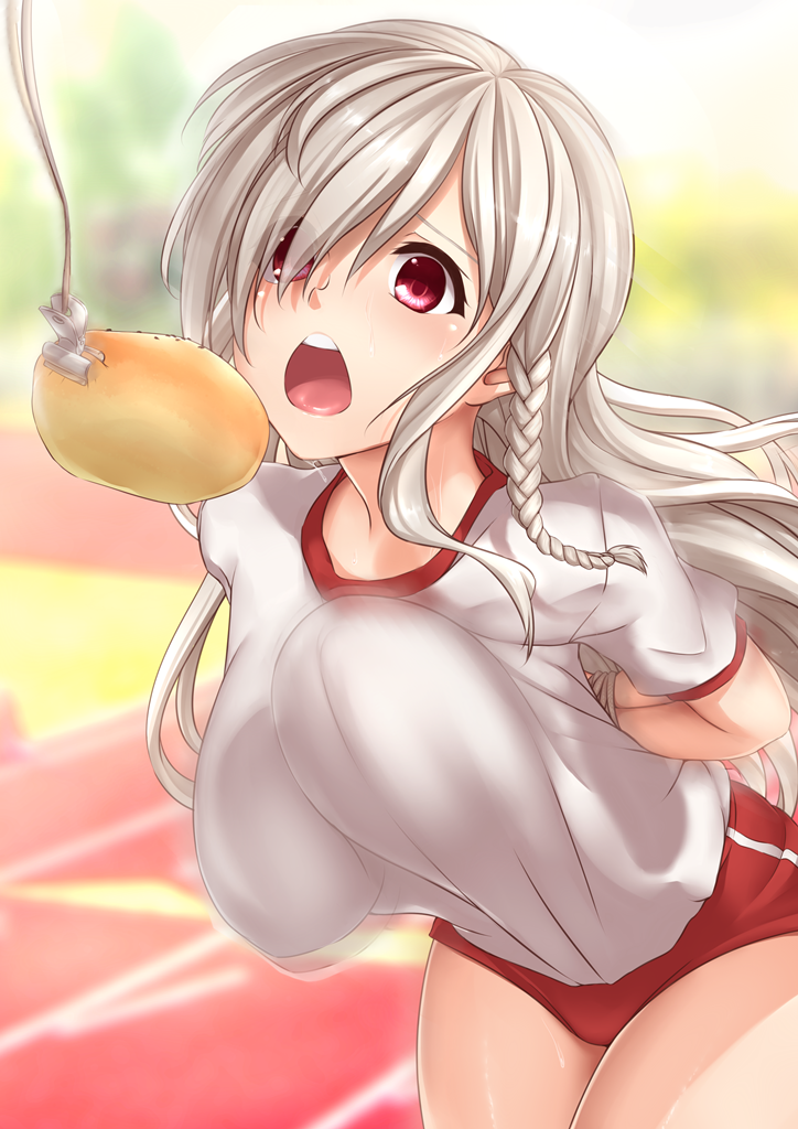 1girl bangs bloomers blurry blurry_background blush bouncing_breasts bound bound_wrists braid bread bread_eating_race breasts buruma clip eyebrows_visible_through_hair food g36c_(girls_frontline) girls_frontline gundam00uc gym_uniform hair_over_one_eye large_breasts long_hair open_mouth red_bloomers red_eyes rope shirt side_braid sidelocks silver_hair solo sports_festival sweat sweatdrop thighs tongue track_and_field unaligned_breasts underwear very_long_hair white_shirt