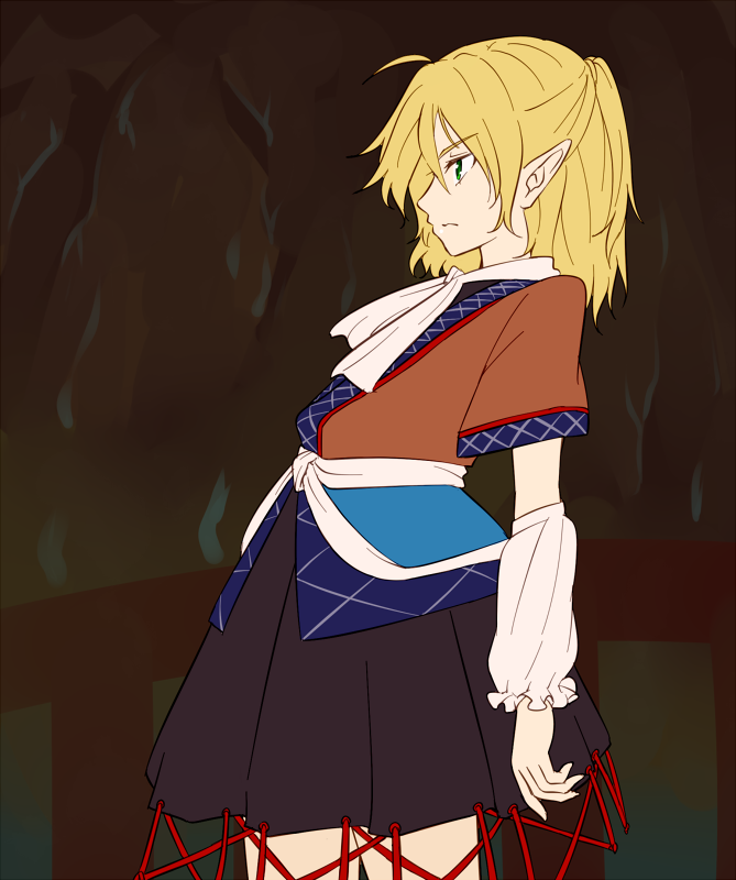 1girl ahoge black_skirt blonde_hair closed_mouth cowboy_shot eyebrows_visible_through_hair from_side green_eyes leaning_back looking_to_the_side miyo_(ranthath) mizuhashi_parsee pleated_skirt pointy_ears profile short_sleeves skirt solo touhou