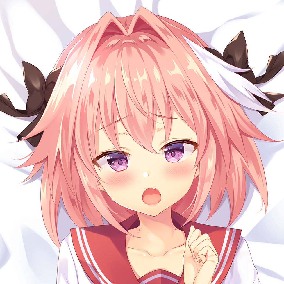 1boy astolfo_(fate) bangs bed_sheet black_bow blush bow clenched_hand close-up collarbone commentary_request d: dakimakura dot_nose eyebrows_visible_through_hair fang fate/apocrypha fate/grand_order fate_(series) from_above hair_bow hair_intakes half-closed_eyes hand_up head_tilt lips long_hair looking_at_viewer lying male_focus multicolored_hair on_back open_mouth otoko_no_ko pink_hair portrait raised_eyebrows red_sailor_collar sailor_collar school_uniform serafuku shiny shiny_hair shirt short_sleeves solo streaked_hair tougetsu_hajime two-tone_hair violet_eyes white_hair white_shirt