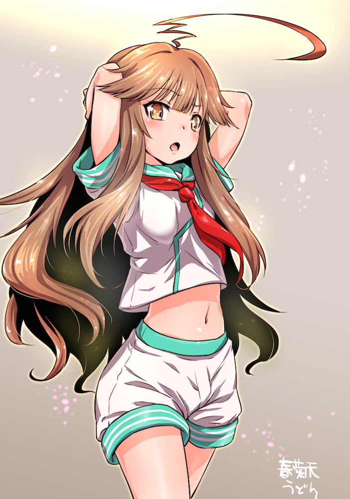 1girl ahoge artist_name breasts brown_eyes brown_hair cowboy_shot gradient gradient_background green_sailor_collar grey_background huge_ahoge kantai_collection kuma_(kantai_collection) long_hair looking_at_viewer midriff navel neckerchief open_mouth red_neckwear sailor_collar school_uniform serafuku shirt short_sleeves shorts shungikuten small_breasts solo white_shorts