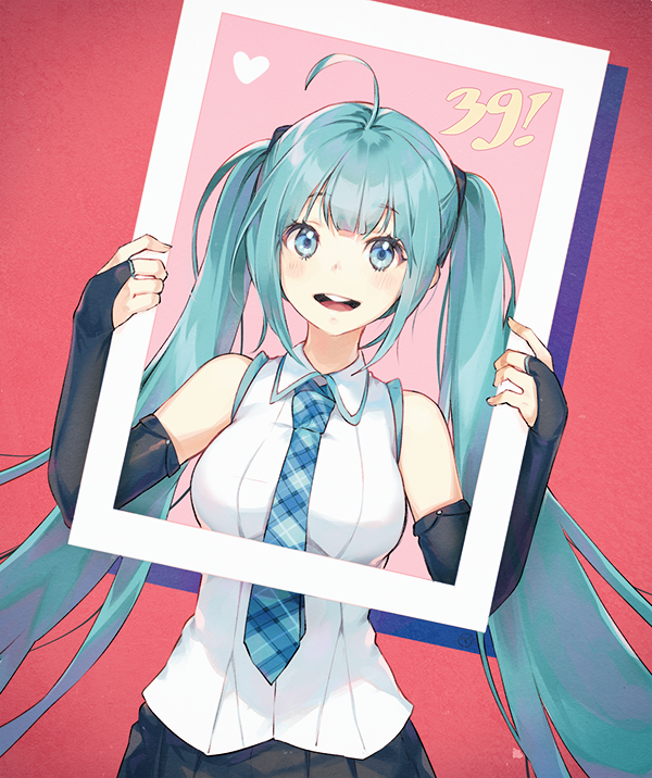 1girl 39 :d ahoge aqua_hair bangs bare_shoulders black_skirt blue_eyes blue_neckwear blunt_bangs blush breasts bridal_gauntlets collared_shirt eyebrows_visible_through_hair facing_viewer hatsune_miku heart holding long_hair medium_breasts naguri necktie number open_mouth photo_(object) plaid_neckwear red_background round_teeth shirt simple_background skirt smile solo tareme teeth twintails two-handed upper_body very_long_hair vocaloid white_shirt wing_collar