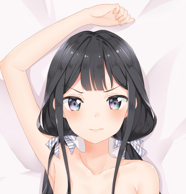 1girl adagaki_aki arm_up armpits bed_sheet black_eyes black_hair collarbone eyebrows_visible_through_hair from_above hair_ribbon kongbai long_hair looking_at_viewer lying masamune-kun_no_revenge nude on_back portrait ribbon solo striped striped_ribbon twintails white_ribbon