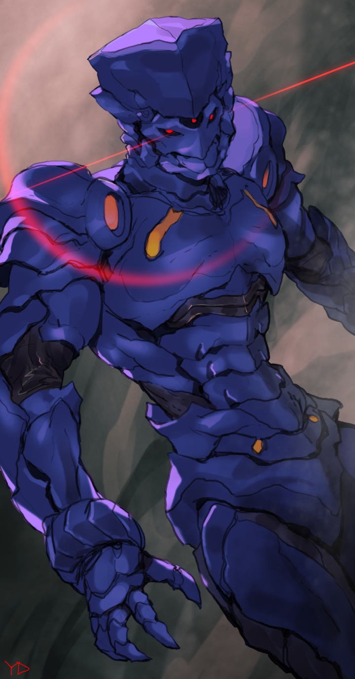 armor commentary_request copyright_request glowing glowing_eyes highres lens_flare looking_at_viewer mecha no_humans signature yang-do