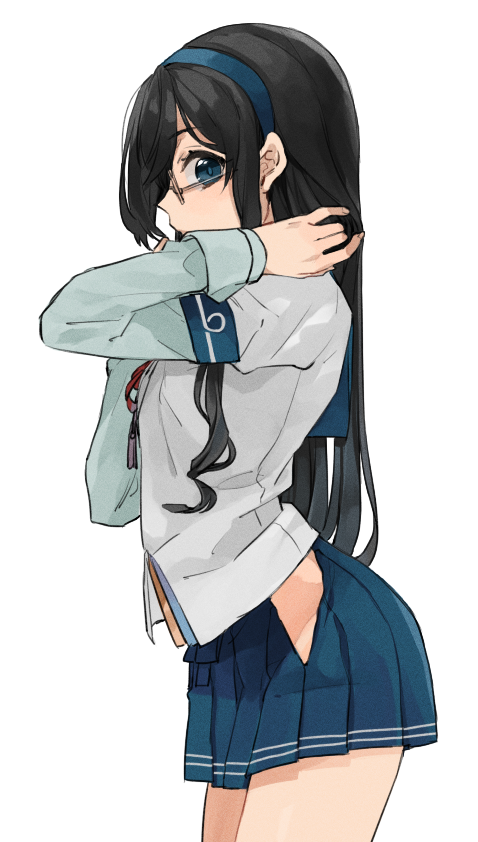 1girl black_hair blue_eyes blue_hairband commentary_request from_side glasses hairband hip_vent hita_(hitapita) kantai_collection long_hair ooyodo_(kantai_collection) school_uniform serafuku simple_background skirt solo white_background