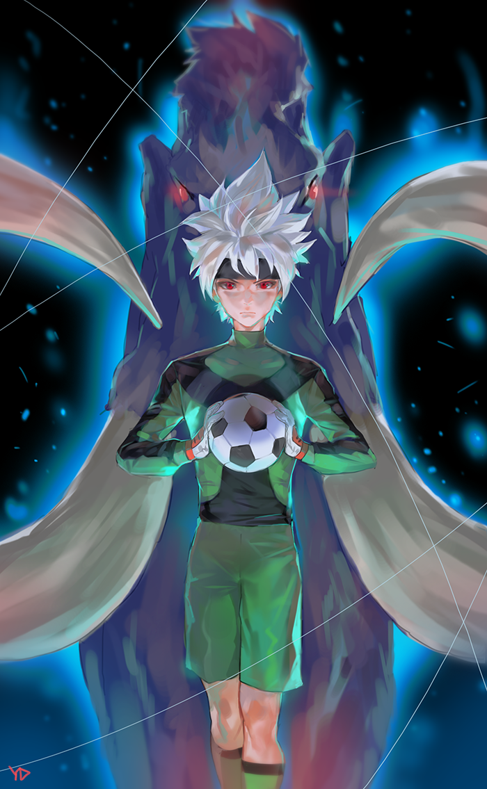 1boy ball commentary_request copyright_request gloves green_shirt green_shorts headband holding long_sleeves looking_at_viewer male_focus mammoth red_eyes shirt shorts signature soccer_ball standing white_hair yang-do