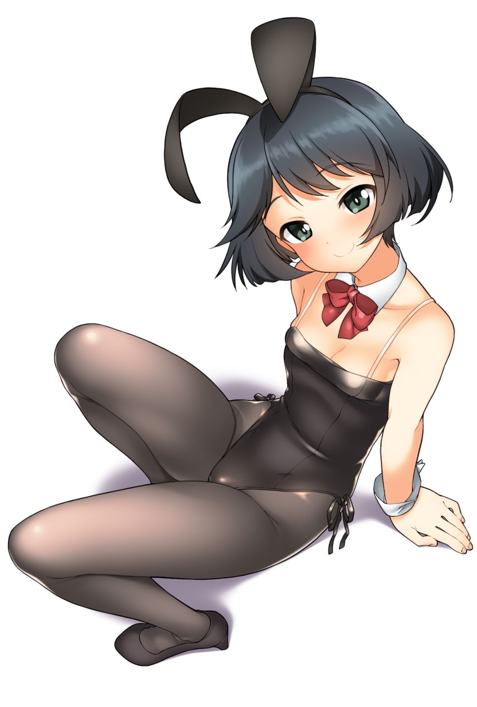 1girl animal_ears arm_support black_footwear black_hair black_legwear black_leotard blush breasts bunny_girl closed_mouth collarbone detached_collar from_above full_body girls_und_panzer green_eyes hatakenaka_(kamagabuchi) head_tilt high_heels highres leotard looking_at_viewer pantyhose rabbit_ears red_neckwear shoes short_hair sitting small_breasts smile solo utsugi_yuuki white_background wrist_cuffs
