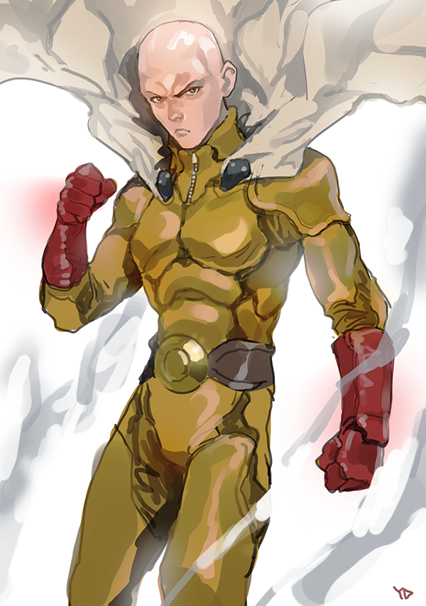 1boy bald bodysuit brown_eyes cape clenched_hands closed_mouth commentary_request cowboy_shot gloves looking_at_viewer male_focus one-punch_man red_gloves saitama_(one-punch_man) sanpaku signature smoke solo white_cape yang-do yellow_bodysuit