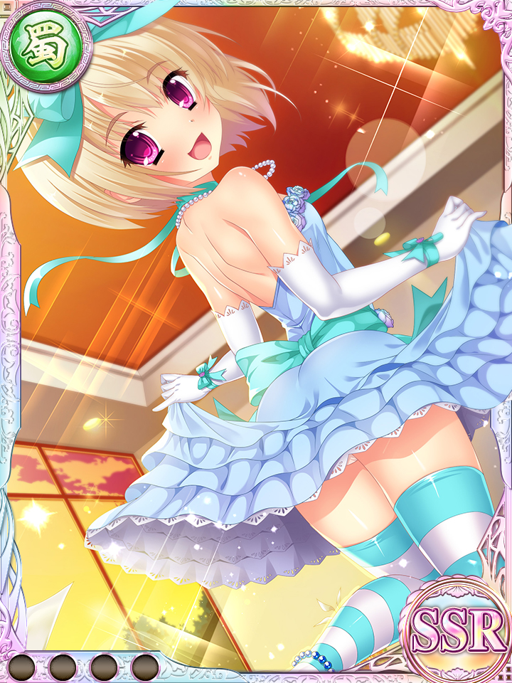 1girl ass bare_back bare_shoulders blonde_hair card_(medium) dress dress_lift elbow_gloves from_behind gloves jewelry katagiri_hinata koihime_musou leg_lift lifted_by_self looking_back necklace official_art open_mouth panties panty_peek pink_eyes shokatsuryou short_hair smile solo standing standing_on_one_leg strapless strapless_dress striped striped_legwear thigh-highs underwear white_dress white_gloves