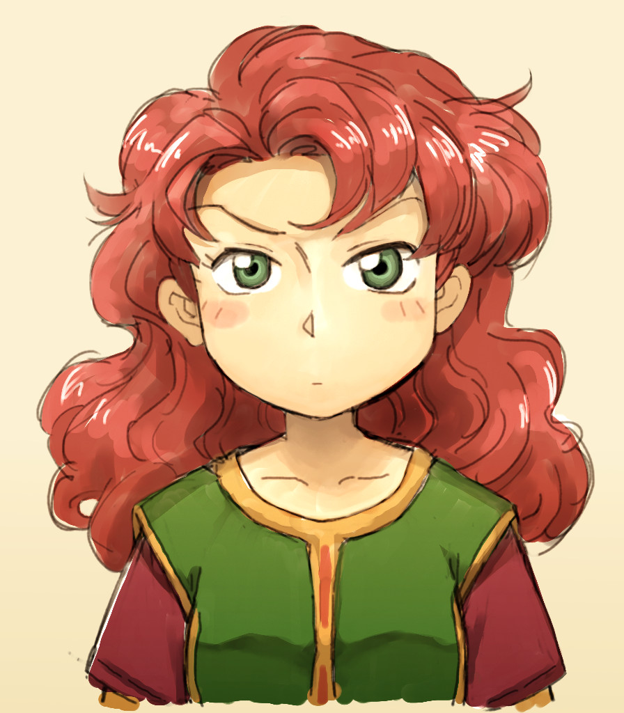 1girl breasts commentary_request curly_hair dragon_quest dragon_quest_vii green_eyes long_hair looking_at_viewer maribel_(dq7) redhead solo