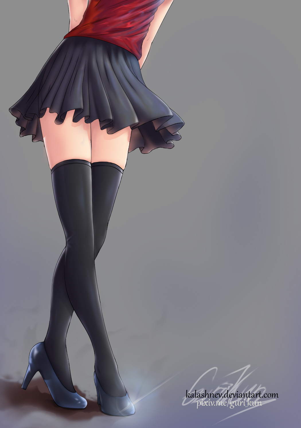 1girl arms_behind_back black_footwear black_legwear black_skirt fate/stay_night fate_(series) high_heels highres kalashnev legs lower_body pleated_skirt red_shirt shirt skirt solo standing thigh-highs tohsaka_rin watermark web_address zettai_ryouiki