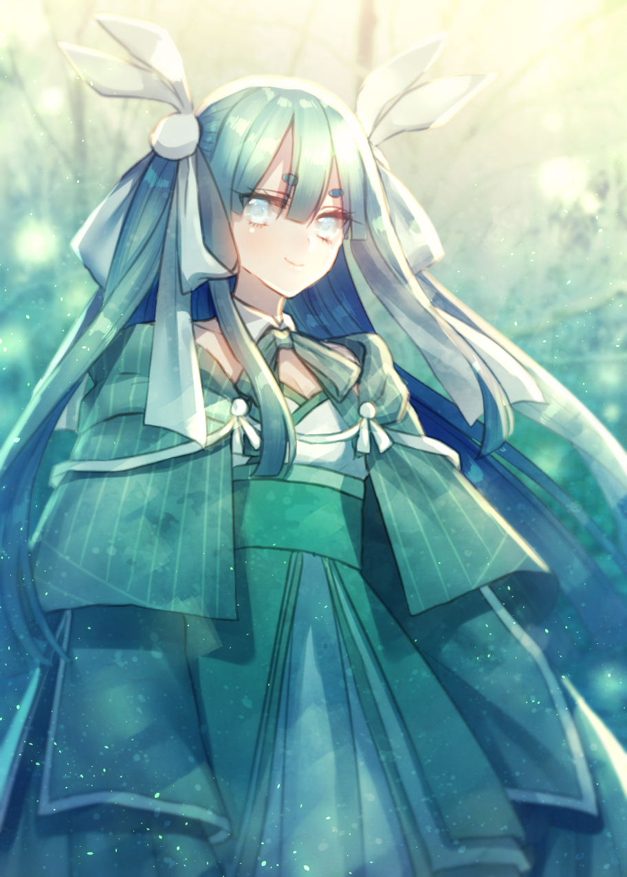 bangs blue_eyes blurry blurry_background celesteela day green_kimono hair_between_eyes hair_ribbon highres japanese_clothes kimono long_hair looking_at_viewer moe_(hamhamham) outdoors personification pokemon ribbon smile standing thick_eyebrows very_long_hair white_ribbon