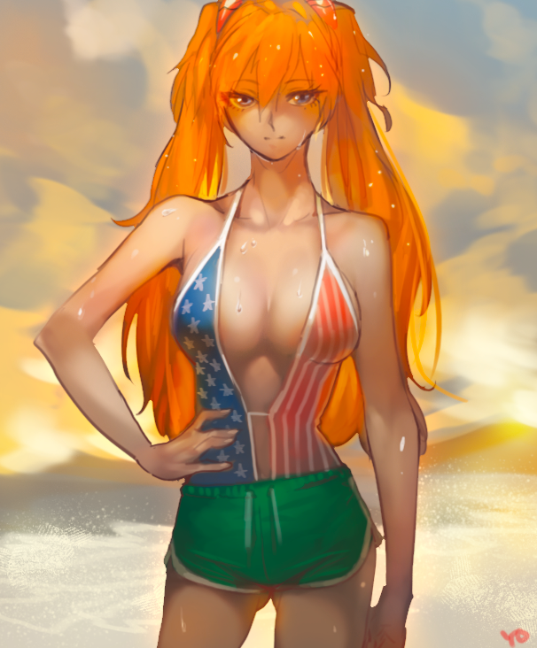 1girl american_flag american_flag_print bare_arms blue_eyes boyshorts breasts closed_mouth clouds cloudy_sky commentary_request contrapposto day fingernails flag_print gluteal_fold hair_between_eyes hand_on_hip large_breasts looking_at_viewer nail_polish neon_genesis_evangelion orange_hair outdoors signature sky solo souryuu_asuka_langley twintails wet white_nails yang-do