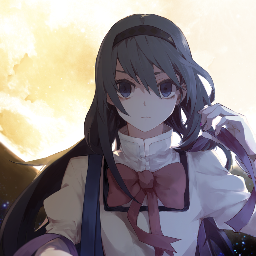 1girl akemi_homura black_hair blue_eyes hairband hanyae long_hair mahou_shoujo_madoka_magica moon night night_sky ribbon sky star_(sky) starry_sky