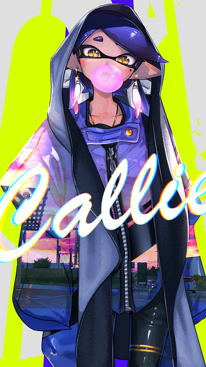 +_+ 1girl aori_(splatoon) bangs black_hair black_pants bubble_blowing character_name chewing_gum coat collarbone cursive earrings glowing grey_background grey_coat head_tilt highres hood hood_up hooded_coat hoop_earrings jacket jewelry kashu_(hizake) light_particles long_hair long_sleeves looking_at_viewer mole mole_under_eye monster_girl multicolored multicolored_background multicolored_clothes multicolored_coat multicolored_jacket necklace open_mouth pants pointy_ears purple_jacket shiny shiny_clothes shiny_hair short_eyebrows skin_tight solo splatoon splatoon_1 standing swept_bangs tentacle_hair thick_eyebrows tight tight_pants tongue tongue_out translucent wide_sleeves yellow_background yellow_eyes zipper zipper_pull_tab