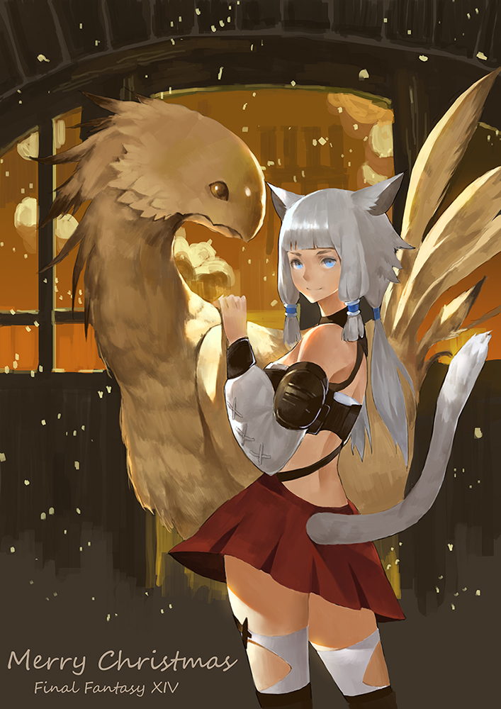 1girl animal_ears baiguiyu bangs bare_shoulders black_footwear blue_eyes blunt_bangs boots cat_ears cat_tail chocobo christmas closed_mouth commentary_request contrapposto detached_sleeves final_fantasy final_fantasy_xiv grey_hair knee_boots long_hair looking_at_viewer looking_back merry_christmas miqo'te outdoors quad_tails red_skirt skirt smile standing tail thigh-highs white-framed_eyewear