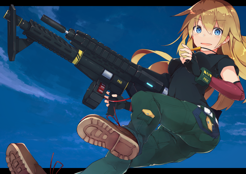 1girl alice_gear_aegis bangs black_gloves black_shirt blonde_hair blue_eyes blue_sky blush boots breasts brown_footwear character_request clouds commentary_request day detached_sleeves drum_magazine eyebrows_visible_through_hair fingerless_gloves gloves green_pants gun hair_between_eyes holding holding_gun holding_weapon long_hair long_sleeves looking_at_viewer medium_breasts outdoors pants parted_lips shirt sky smile solo very_long_hair weapon weapon_request yadokari_(migihashi)