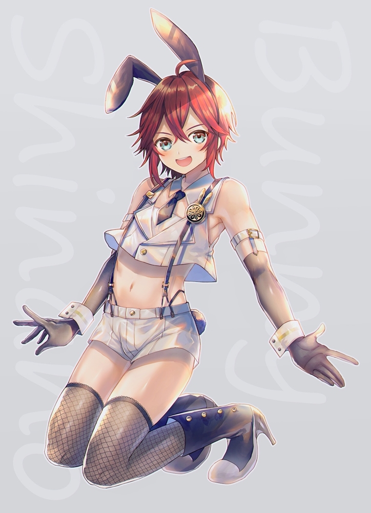 1boy :d abandon_ranka adapted_costume animal_ears black_gloves boots bunny_boy bunny_tail character_name elbow_gloves english fake_animal_ears fake_tail fishnet_legwear fishnets gloves green_eyes high_heel_boots high_heels kneeling male_focus necktie open_mouth rabbit_ears redhead shinano_toushirou shorts smile suspenders tail thigh-highs touken_ranbu wrist_cuffs