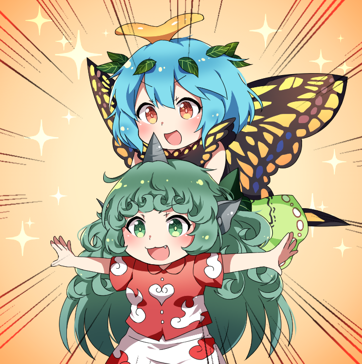 2girls :d animal_ears antennae bangs blue_hair blush brown_eyes butterfly_wings caramell0501 cloud_print collared_shirt commentary_request curly_hair dress emphasis_lines eternity_larva eyebrows_visible_through_hair fang green_eyes green_hair hair_between_eyes horn kariyushi_shirt komano_aun leaf leaf_on_head long_hair multiple_girls open_mouth outstretched_arms print_shirt print_shorts red_shirt shirt short_hair short_sleeves shorts sleeveless sleeveless_dress smile sparkle spread_arms touhou very_long_hair white_shorts wings