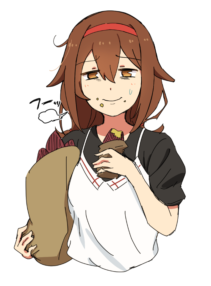 1girl bag brown_eyes brown_hair casual cropped_torso food food_on_face hairband kantai_collection looking_at_viewer paper_bag shiratsuyu_(kantai_collection) short_hair simple_background solo sweet_potato wachi_(hati1186) white_background