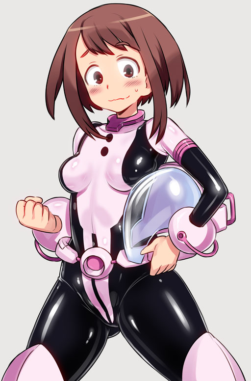 1girl 774_(nanashi) bangs belt blush bodysuit boku_no_hero_academia boots bracer breasts brown_eyes brown_hair clenched_hand cowboy_shot embarrassed grey_background headwear_removed helmet helmet_removed holding impossible_bodysuit impossible_clothes legs_apart looking_at_viewer shiny shiny_clothes short_hair sidelocks simple_background small_breasts solo sweatdrop thigh-highs thigh_boots uraraka_ochako wavy_mouth