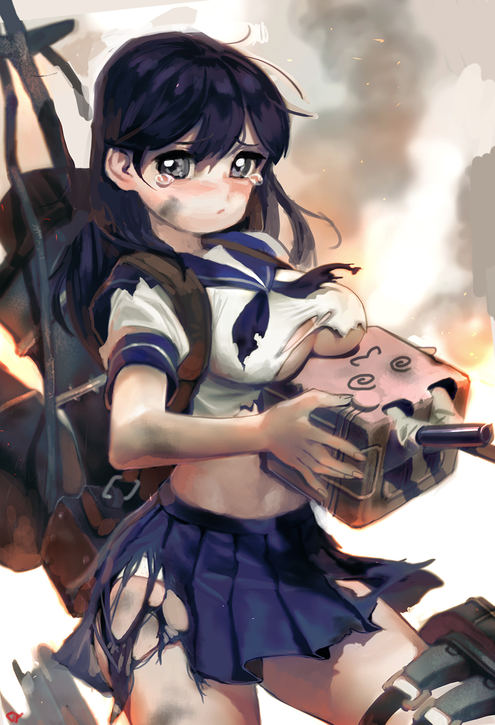 1girl :3 @_@ blue_neckwear blue_sailor_collar blush breasts character_request closed_mouth commentary_request cowboy_shot grey_eyes highres holding kantai_collection korean_commentary large_breasts looking_at_viewer machinery messy_hair neckerchief panties pleated_skirt purple_hair rigging sailor_collar school_uniform serafuku shirt short_sleeves signature skirt solo standing tears torn_clothes torn_skirt underwear white_panties white_shirt yang-do