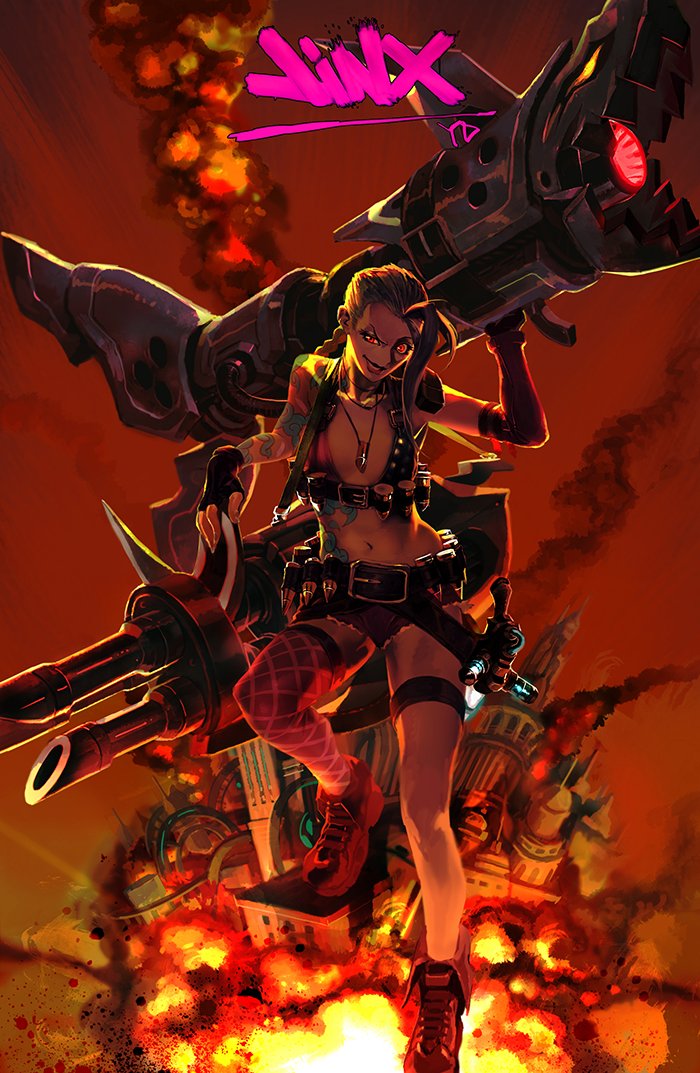 1girl ankle_boots bare_shoulders bazooka black_gloves blue_hair boots breasts cannon character_name commentary_request dog_tags explosion fingerless_gloves gloves gun holding holding_gun holding_weapon huge_weapon jinx_(league_of_legends) league_of_legends long_hair looking_at_viewer mismatched_gloves pink_legwear red_eyes signature single_thighhigh small_breasts smirk solo tattoo thigh-highs weapon yang-do