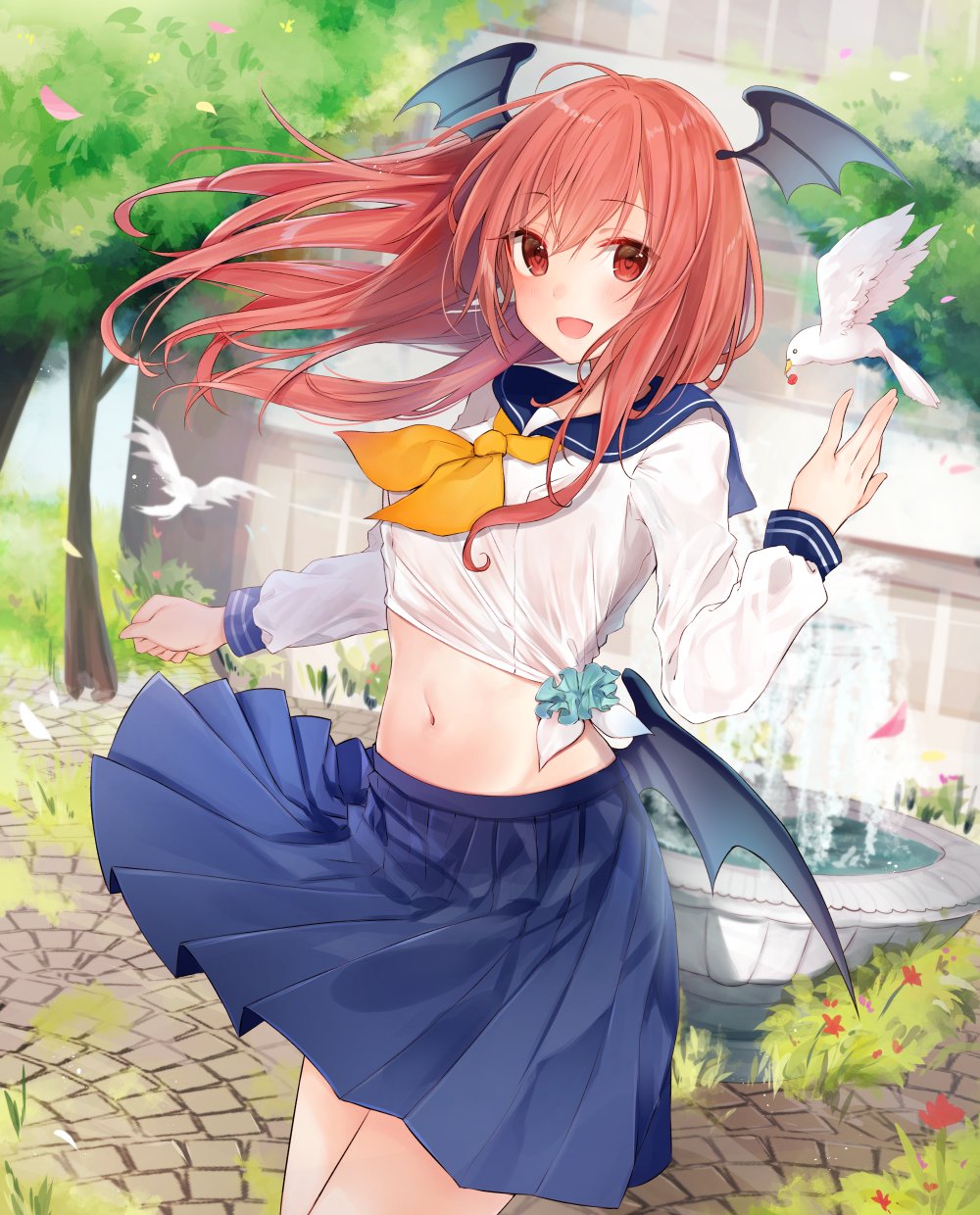 1girl alternate_costume animal bangs bird black_wings blue_skirt building cherry_blossoms commentary_request crop_top eyebrows_visible_through_hair floating_hair flower fountain grass hand_up head_wings highres koakuma long_hair long_sleeves looking_at_viewer midriff natsuki_(ukiwakudasai) navel neckerchief outdoors outstretched_arms pleated_skirt red_eyes redhead sailor_collar school_uniform serafuku skirt smile solo spread_arms standing touhou tree water wind wind_lift wings yellow_neckwear