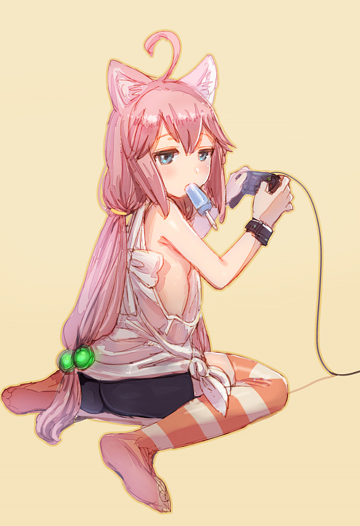 1girl ahoge bangs bike_shorts blue_eyes blush bow_(bhp) commentary controller food hair_bobbles hair_ornament hinata_channel joystick long_hair looking_at_viewer looking_back loose_shirt low-tied_long_hair mouth_hold nekomiya_hinata pink_hair popsicle shirt simple_background solo striped striped_legwear thigh-highs very_long_hair virtual_youtuber white_shirt wristband yellow_background