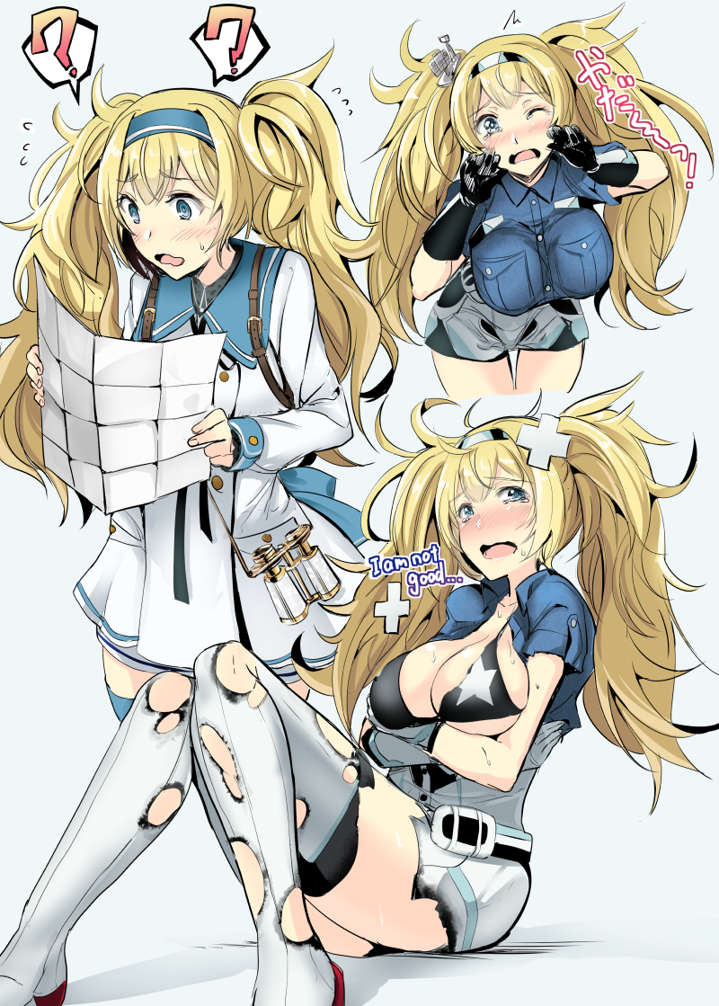 1girl ? ?? bandage blonde_hair blue_eyes blue_shirt bra breast_pocket breasts burnt_clothes collared_shirt gambier_bay_(kantai_collection) gin'ichi_(akacia) gloves hair_between_eyes kantai_collection large_breasts long_hair long_sleeves map one_eye_closed open_mouth pocket shirt sidelocks tears thigh-highs torn_clothes twintails underwear white_legwear white_shirt